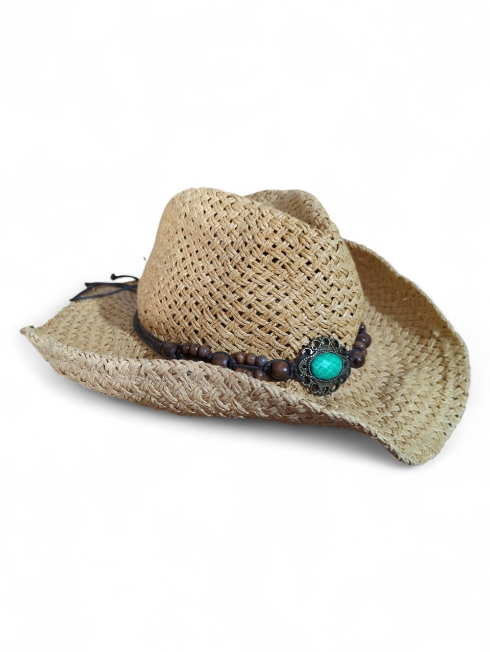 PUGS Braided Straw Cowboy Hat  Turquoise Concho Hat Belt Festival Gypsy Boho